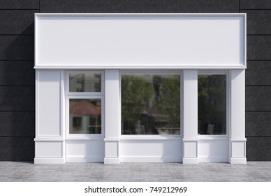 White And Black Cafe Exterior With A Square Poster In The Window And A Large Blank Sign Above It. 3d Rendering Mock Up