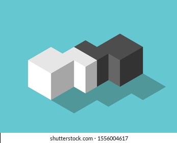 White And Black Isometric Cubes And Mediator In Between. Mediation, Diplomacy, Merger, Management, Flexibility And EQ Concept. Flat Design. 3d Illustration. Raster Copy