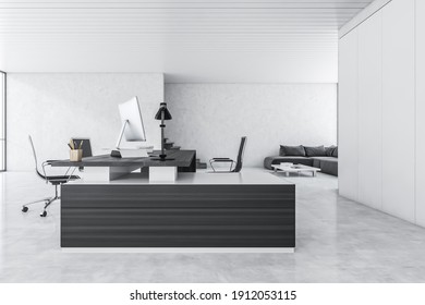 White And Black Office Room With Black Armchairs And Black Table With Computer On Marble Floor, Side View. Minimalist Consulting Business Room, 3D Rendering No People