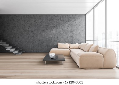 White and black waiting room with beige sofa for clients in business office. Light office room with beige corner sofa on parquet floor, 3D rendering no people