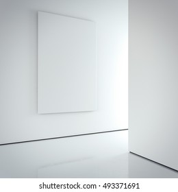 White Blank Canvas On The Bright Wall In Modern Gallery Interior. 3d Rendering