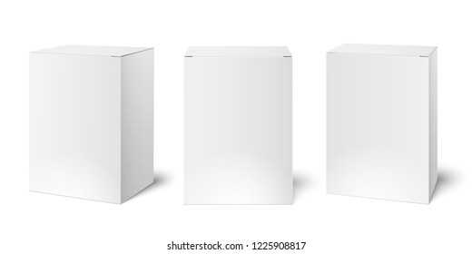 White Blank Cardboard Package Boxes Mockup. Medicament Square Medicine Box Packaging  Illustration Template Isolated Set On Empty Background