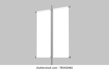 White Blank Double Pole Banner Advertisement Flag On Grey Background, 3d Illustration