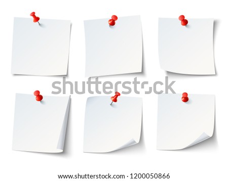 White blank draw papers, notes on red thumbtack. Top view note sticker with pins  set