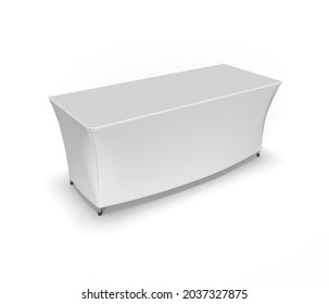 White Blank Exhibition Table Cloth Running Isolated On White Background, Perspective View For Mockup. 3d Render Illustration