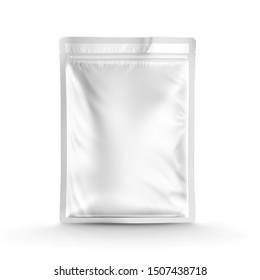 White Blank Foil Food Pack Stand Up Pouch Bag Packaging With Zipper Mock Up, 3d Illustration