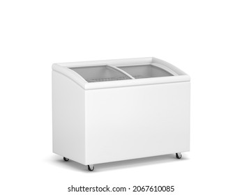 White blank freezer with glass display for ice cream and other products. 3d illustration isolated on white background 