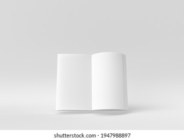 White Blank Open Magazine Or Book Floating In White Background. Minimal Concept Idea Creative. Monochrome. 3D Render.