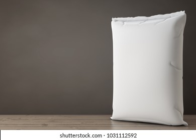 White Blank Paper Sack Cement Bag on a Wooden Floor. 3d Rendering 