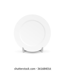 White Blank Plate Mock Up Holder Isolated. Empty Dish Mockup Stand. Clear Tableware Ready For Pattern, Texture, Art Or Ornament Presentation. Decorative Rarity Dishes Template. Plate Frame Layout.