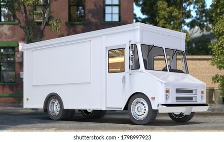 White Blank Realistic Food Truck With Closed Window. Modern Cityscape. Takeaway Food And Drinks. Mock Up. Copy Space, Empty Space. 3d Rendering. Side View