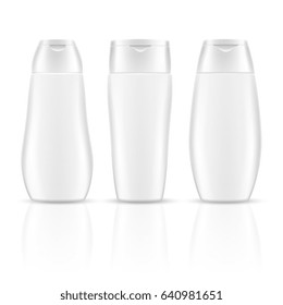 White blank shampoo bottles cosmetic container packages mockups. Realistic product for care health and clean body illustration