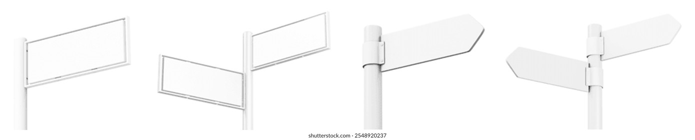White blank signposts, white signposts with multiple directions, isolated. Empty signposts, perfect for customization. Blank signposts for guidance. Blank signs with copy space isolated.