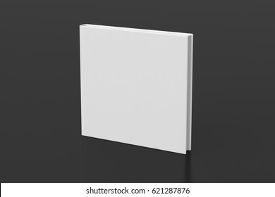 White Blank Square Book Cover Standing Isolated On Black Background With Clipping Path. 3d Render