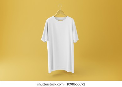 White Blank Tshirt Mockup On Hanger On Yellow Background. 3d Rendering