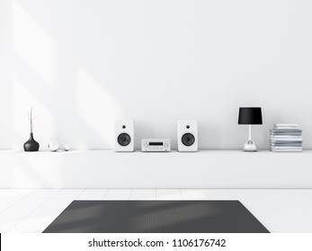 White Blank Wall Mockup With Modern Audio Stereo System And White Speakers On Bureau In Modern Interior, 3d Rendering