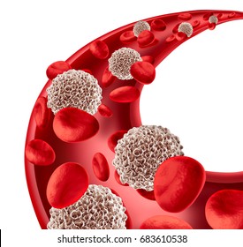 White blood cells circulation concept in a human artery flowing through red blood as a microbiology symbol of the human immune system fighting from infectious disease as a 3D illustration.