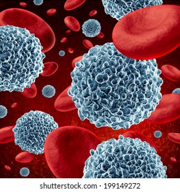 White blood cells flowing through red blood as a microbiology symbol of the human immune system fighting off infections defending and protecting the body from infectious disease.