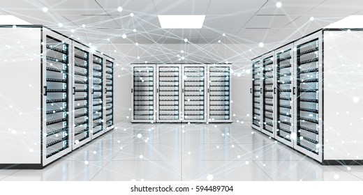 White And Blue Abstract Network On Server Room Data Center 3D Rendering