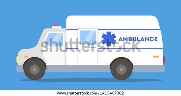 White and blue ambulance car side view.\
Medical emergency van.  flat\
illustration