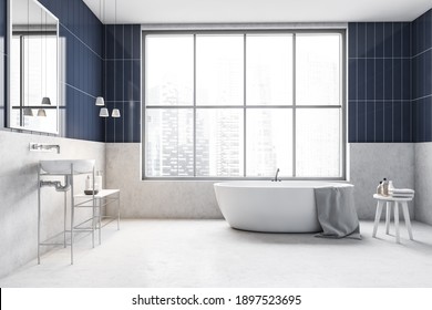 White And Blue Bathroom With White Bathtub And Gels, Sink With Mirror And Window, Front View. Minimalist Light Bathroom On White Floor, 3D Rendering No People