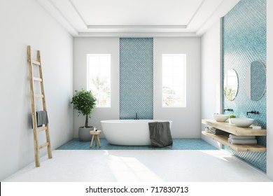 Белый и синий интерьер ванной комнаты с круглой белой ванной, двумя узкими окнами, деревом в кастрюле и лестницей в углу. Вид сбоку. 3d рендеринг макет