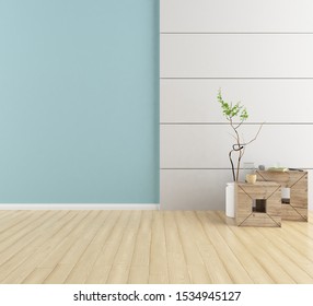White and blue empty room interior with decor on the wooden floor, large wall, white landscape in window. Background interior. Home noridci nterior. 3D illustration