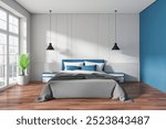 White and blue home bedroom interior with bed, nightstand and plant on hardwood floor. Colored sleeping zone with panoramic window on Singapore skyscrapers. 3D rendering