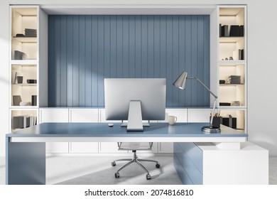White And Blue Office Interior With Desk, Empty Stylish Niche, Cabinets And Rolling Chair. Concept Of Modern CEO Work Place Design. No People. 3d Rendering