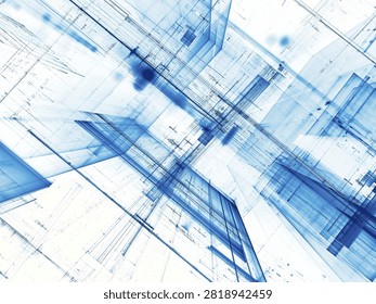 White and blue tech or sci-fi background - abstract computer-generated 3d illustration. Contemporary digital art: diagonal inclined walls with chaos lines and dots. Backdrop or graphic design element