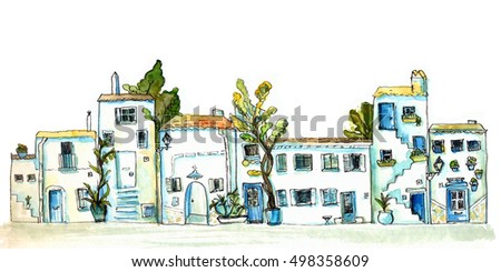 White and blue town street with small houses and trees. Watercolor painting, urban sketch. Horizontal drawing of Spain city