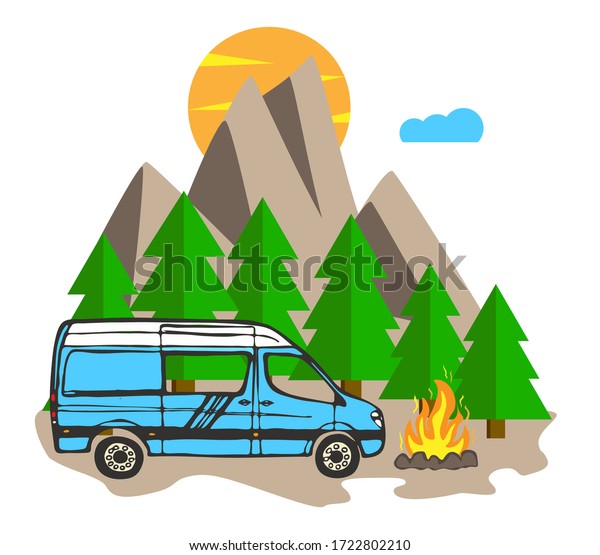 White and blue van with forest and\
mountains in the background. Living van life, camping in the\
nature, sitting at fire, travelling.\
Illustration.