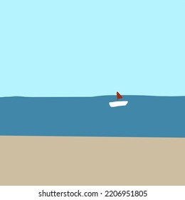 White Boat With Red Flag In The Sea.