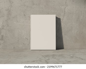 White Book Mockup front view with blank hard cover standing on white table near concrete wall. 3d rendering