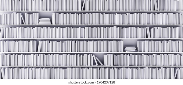 White bookshelves in the library with white books 3d render 3d illustration