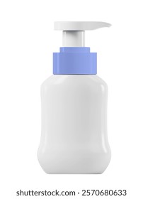 White Bottle Pump with Blue Neck. Cosmetic product dispenser bottle 250ml. Solid opaque plastic body cream container mockup. Liquid Soap Bottle Clean Layout Design.