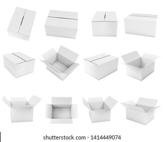 White Box. Cardboard Carton Set Of Open And Closed Boxes. 3d Rendering Illustration Isolated On White Background