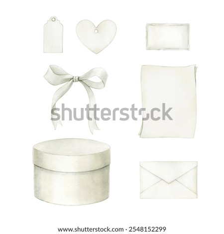 White box, envelope, white bow, sheets of paper, tags, labels - a set of white items for the holiday. The illustrations are hand draw in watercolor and isolated