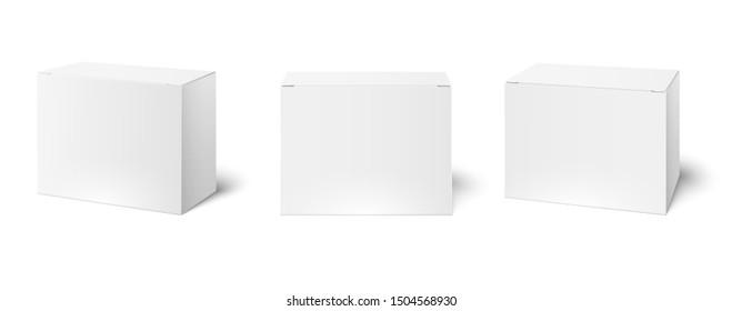 White box mockup. Blank packaging boxes, cube perspective view and cosmetics product package mockups. Cardboard or plastic box or medicine package. Realistic 3d  illustration isolated icons set