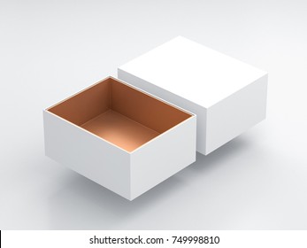 White Box Mockup With Open Cover And Golden Cardboard Inside, 3d Rendering