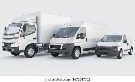 White Box Truck with Delivery Vans in a Row on White Background 3D Rendering