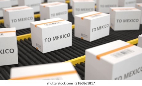 White Boxes With To Mexico Text On Conveyor.  3D Rendering