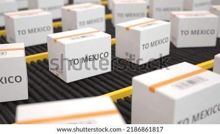 White boxes with to mexico text on conveyor.  3D rendering
