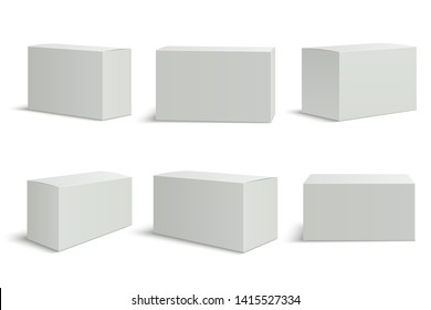 White boxes templates. Blank medical box 3d isolated paper packaging. Rectangle carton package  mockup set