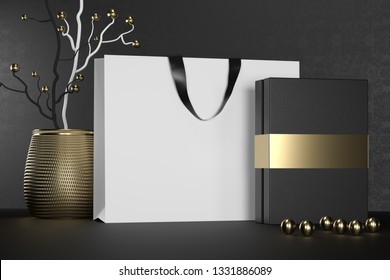 White Branding Paper Shopping Bag With Handles And Luxury Black Box Mock Up. Premium White Package For Purchases Mockup On A Black Background. 3d Rendering