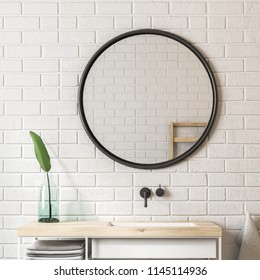 White Brick Bathroom Interior With A Stylish Sink. Plant Standing On The Shelf. A Round Mirror. Close Up 3d Rendering Mock Up