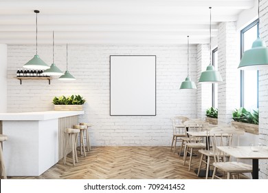 White brick cafe and bar interior with a wooden floor, a marble and wooden bar stand, chairs and tables. Poster on the wall. 3d rendering mock up