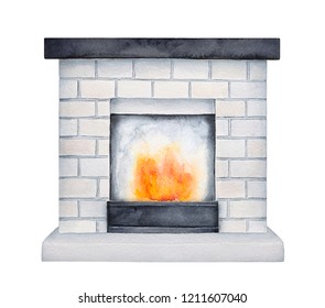 White brick fireplace with black wooden mantel shelf. One single object, front view. Cosy symbol of warmth and family traditions. Hand painted watercolour drawing, cut out clip art element for design.