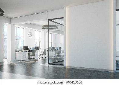 White brick open space office interior with a concrete floor, a blank wall fragment and a row of computer desks along the wall. Side view. 3d rendering mock up