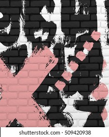 White Brick Wall Background With Graffiti Black And Pink Brushstrokes. 3D Illustration